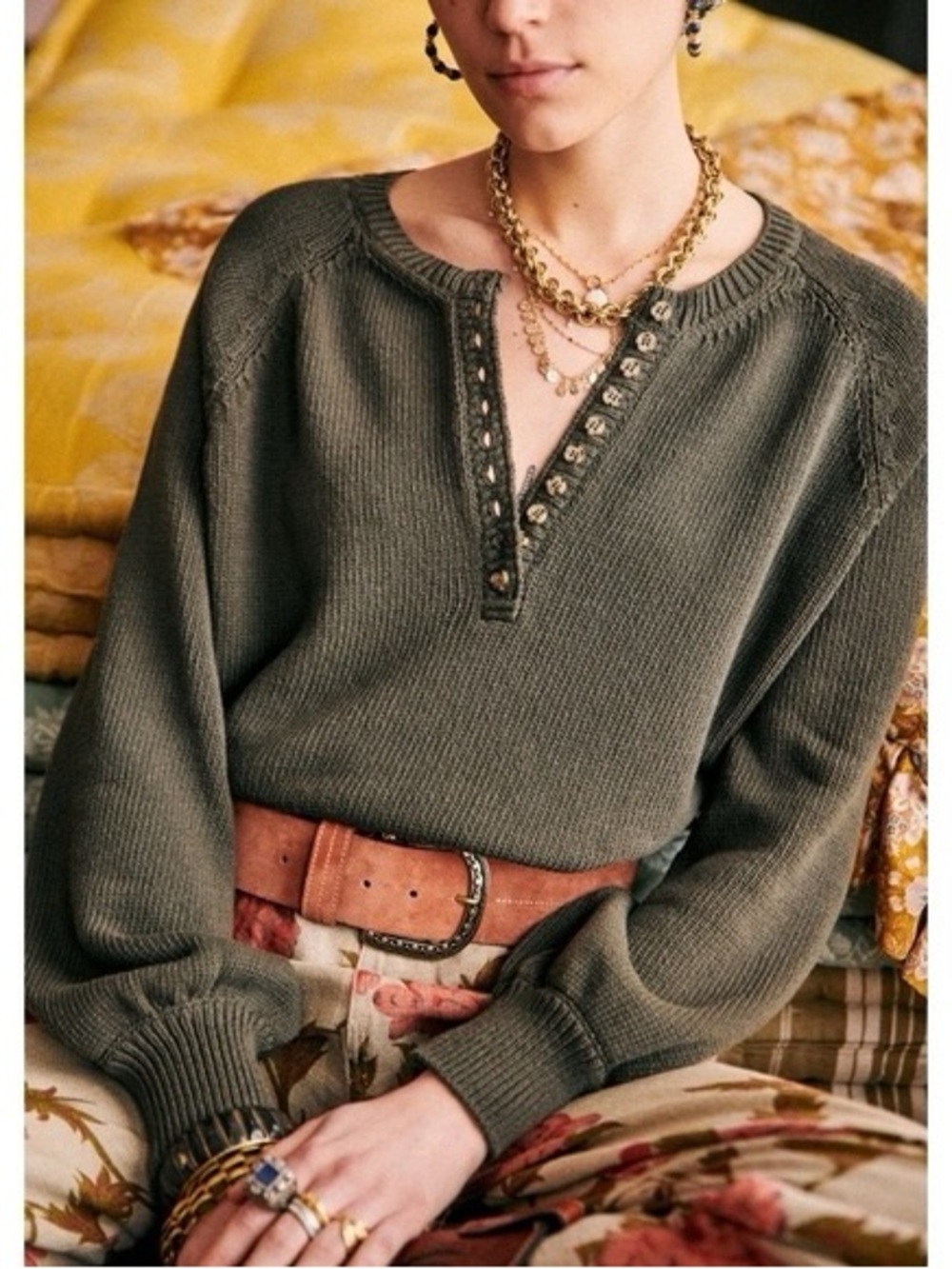 Sezane | Leontine Cotton Henley Sweater in Khaki Green XS